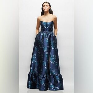 Dessy Collection ; Women's Navy Rose Damask Strapless Cat-Eye Bodice Maxi Dress